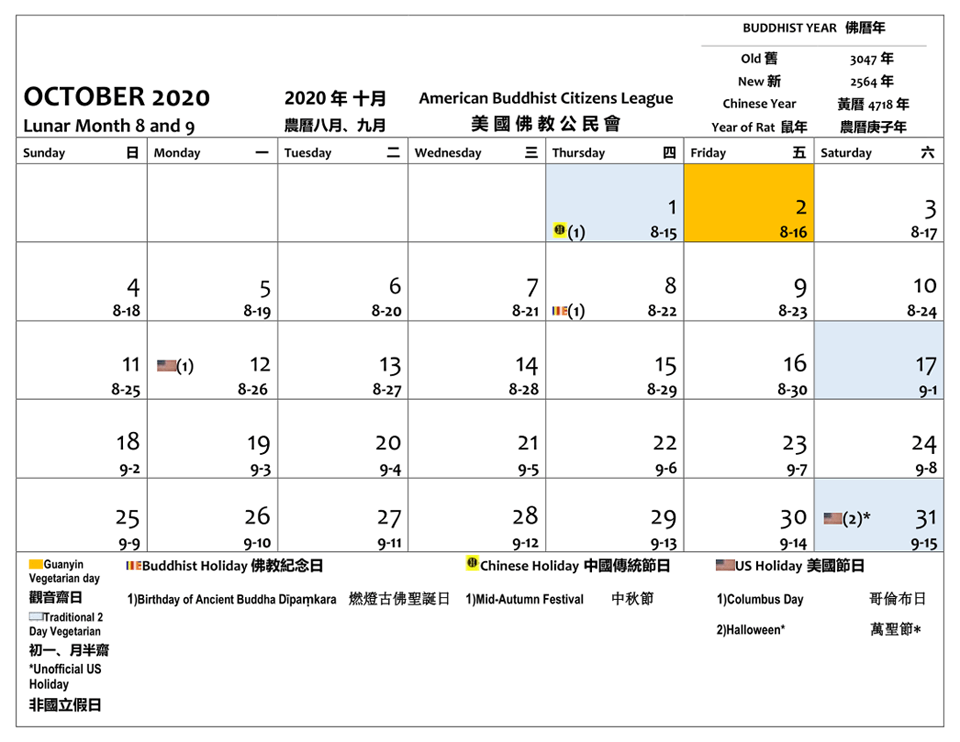 2020年十月。二號是觀音齋日。一號、十七號和三十一號是初一以及月半齋日。八號是佛教紀念日，是燃燈古佛聖誕日。一號是中秋節。十二號是哥倫布節和三十一號是萬聖節。